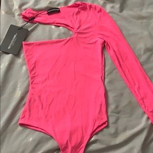 Neon pink cut out one shoulder bodysuit